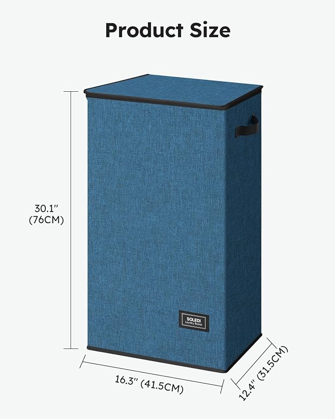 SOLEDI Slim Laundry Hamper with Lid, Narrow Laundry Basket with Removable Bags, Dirty Clothes Hamper with handle, Small Hamper perfect for Laundry room, Bathroom, Bedroom, Small spaces. 70L Blue