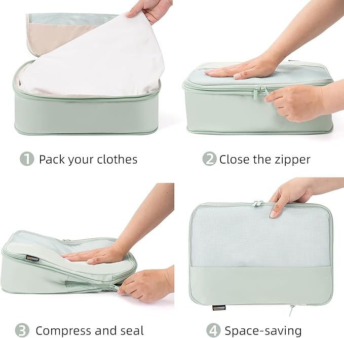 4 Piece Compression Packing Cubes for Suitcases and Backpack, Lightweight Travel Organizer Bags (Light Green)
