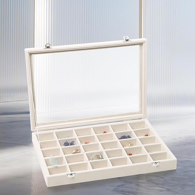 Stratalife Jewelry Organizer Stackable Earring Organizer Tray with Lid Jewelry Storage Tray for Earring Necklace Drawer Display Idea for Mom from Daughter (30 Grids)