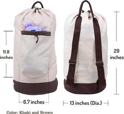 Laundry Bag Backpack with Shoulder Straps and Detergent Holder Clothes, Travel Laundry Backpack Bag Hamper for College Dorm Room (Khaki w Brown)