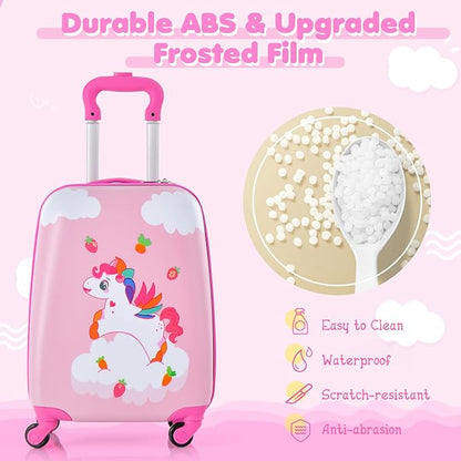 BABY JOY 2 Pcs Kids Luggage Set, 16" Toddlers Carry-on Suitcase & 12" Backpack Set, Children Travelling Case w/ 4 Casters, Retractable Handle, Lightweight Trolley Case for Girls Boys (Cloud Pony)