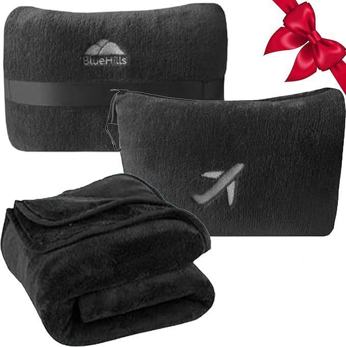 BlueHills Travel Blanket Pillow in Mini Soft Packable Case Premium Plush Airplane Blanket in Portable Compact Pack with Luggage Belt and Carabiner Long Flight Throw Essentials Lightweight- Black M05