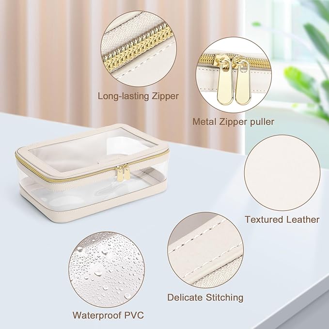 Travel Clear Makeup Bag with Makeup Brush Bag, Leather Makeup Case Toiletry Bag, Portable Cosmetic Bag Case, Transparent Waterproof Cosmetic Organizer Storage Bag for Women, Medium, Off-White