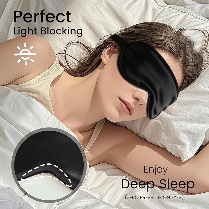 Pure 22 Momme 6A Grade Mulberry Silk Sleep Mask for Side Sleepers - Adjustable, 100% Blackout Eye Mask with Travel Pouch (Black)