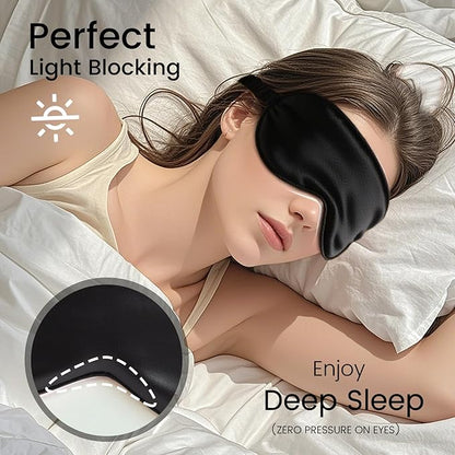 Pure 22 Momme 6A Grade Mulberry Silk Sleep Mask for Side Sleepers - Adjustable, 100% Blackout Eye Mask with Travel Pouch (Black)