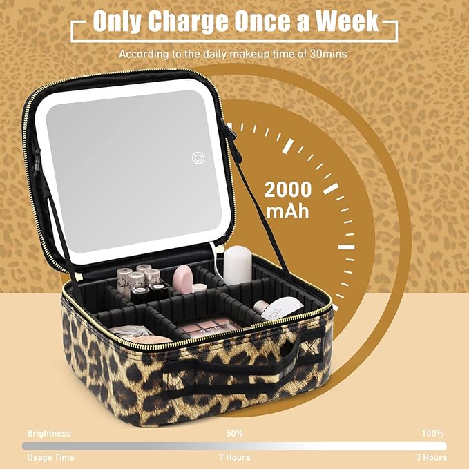 Makeup Bag with Light up Mirror, Travel Makeup Case with Mirror and Lights, Lighted Cosmetic Train Case with 3 Color Settings, Make up Organizer Bag with Adjustable Dividers Brush Board