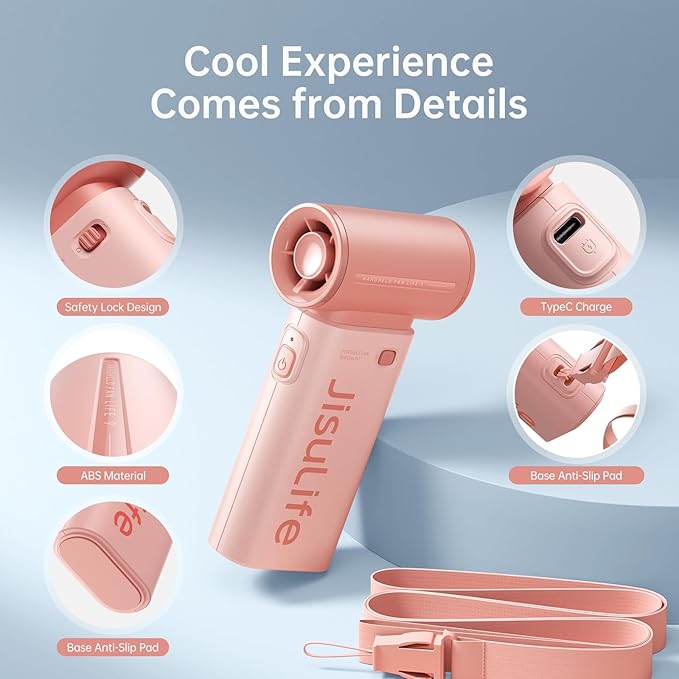 JISULIFE Portable Handheld Fan Life9, Turbo Power High Speed Air [18H Max Cooling Time], 5 Gear Wind, 5000mAh Rechargeable, Mini Pocket Design, Personal Fan for Travel Concerts Camping Makeup - Pink