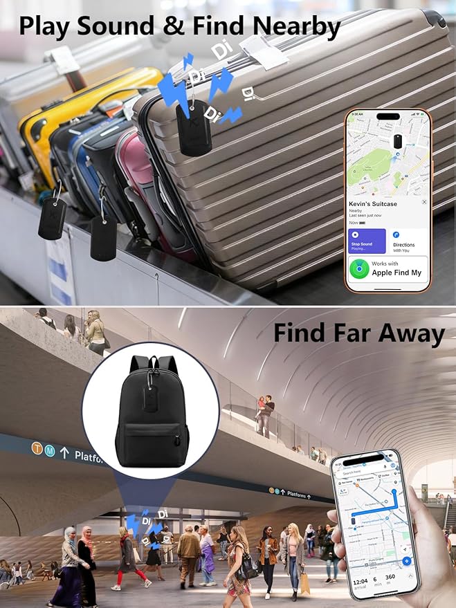 Luggage Tag with Tracker (iOS Only), Premium PU Leather Luggage Tags for Suitcase, Privacy Cover & ID Card Slot, Stainless Loop for Travel Bags, Backpack, Pet Carrier, Ideal Gadgets (Black)