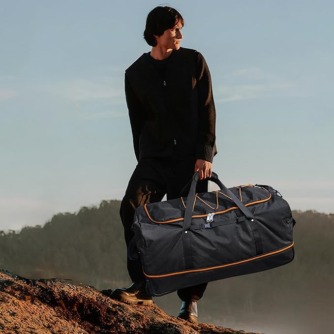 Vomgomfom Wheeled Collapsible Duffel Bag,110L-140L Expandable Checked Luggage, No-Telescopic-Handle with Anti-Burst Zipper & Reinforced Frame,Black-orange