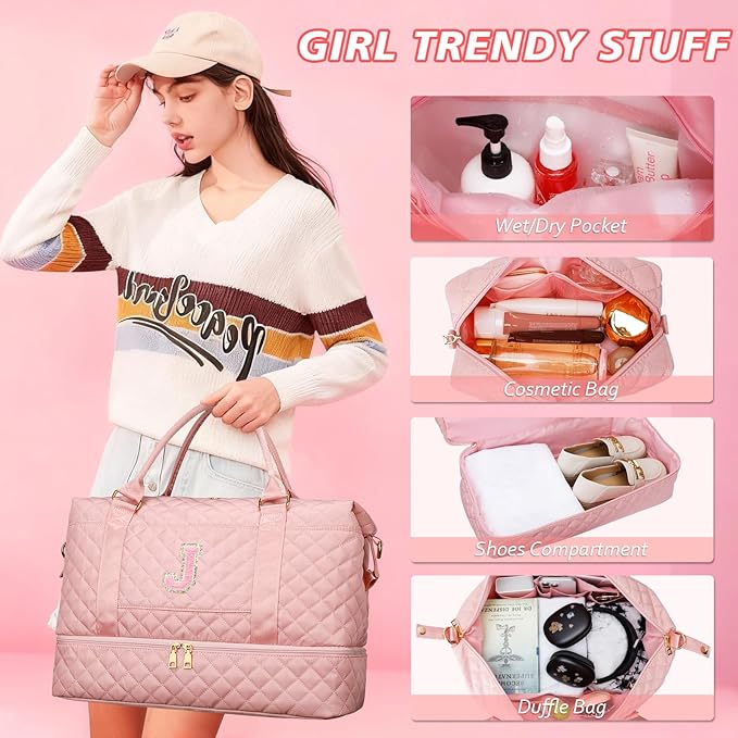 Gifts for Women Girls Initial Travel Duffle Bag Quilted Weekender Carry-On Overnight with Cosmetic Bag, Gym Bag with Shoe Compartment Hospital Bag for Labor Delivery, Pink J