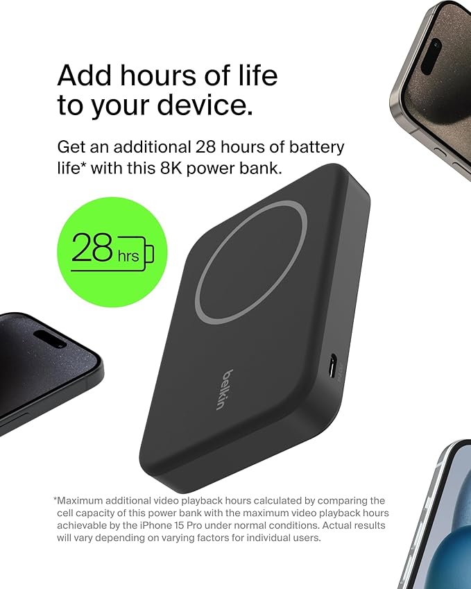 Belkin Portable Charger, Wireless Power Bank 15W 8000 mAh w/ Qi2 - MagSafe Charger w/Built-in Pop-up Kickstand - iPhone 17, Air, Pro, Pro Max, AirPods, Apple Watch, Google Pixel 10, etc. - Black
