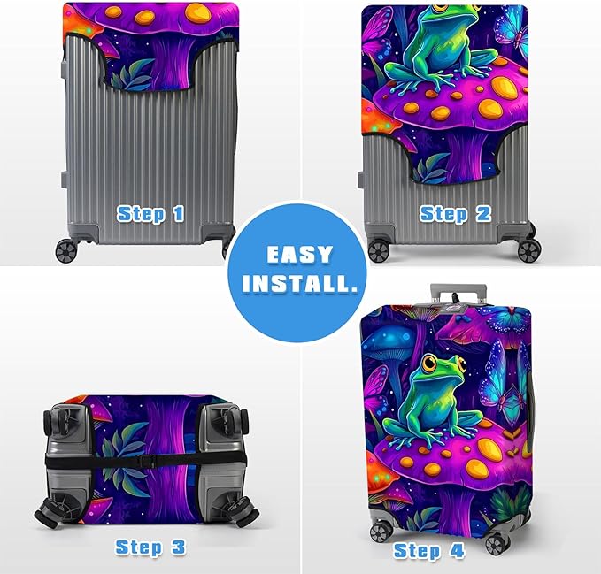Luggage Cover Protector for 30-32 Inch Suitcases, TSA Approved Elastic Travel Suitcase Covers, Anti-Scratch Washable Luggage Sleeve for Carry On & Checked Bags, Frog on Mushroom