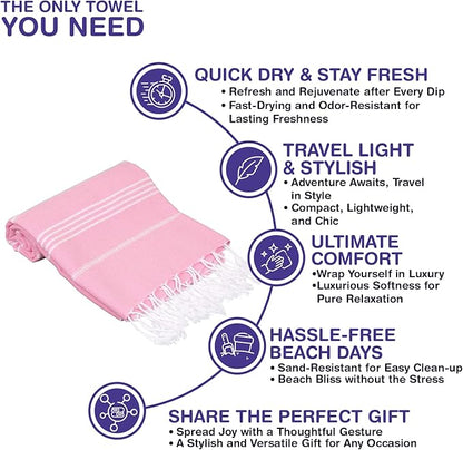Turkish Beach Towels, Pack of 2 | Oversized, Quick Dry, Sand Free | 100% Cotton, Large 38x71 Towels for Beach, Pool, Travel | Ultra-Soft, Compact, and Absorbent | Pink