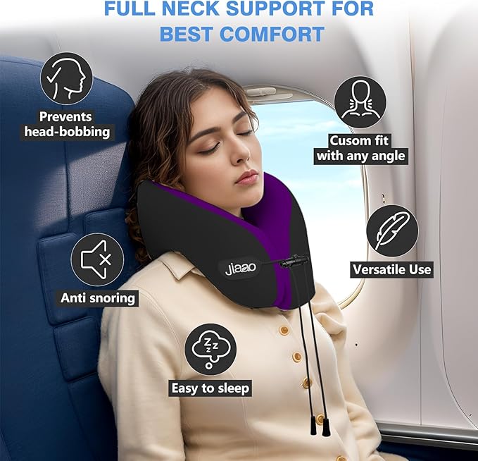 jiaao Travel Neck Pillow for Airplanes, Neck Pillow for Traveling,360º Ergonomic Memory Foam Travel Pillow, Soft and Breathable Cover,Portable Pillows for Car, Train or Airport Travel Essentials