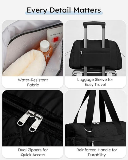 Kookoomia Small Gym Bag for Women, Mini Sports Duffle Bag for Workout Dance Ballet Yoga Gymnastics, Quilted Lightweight Puffer Travel Tote with Detachable Coin Purse & Wet Pocket, Black