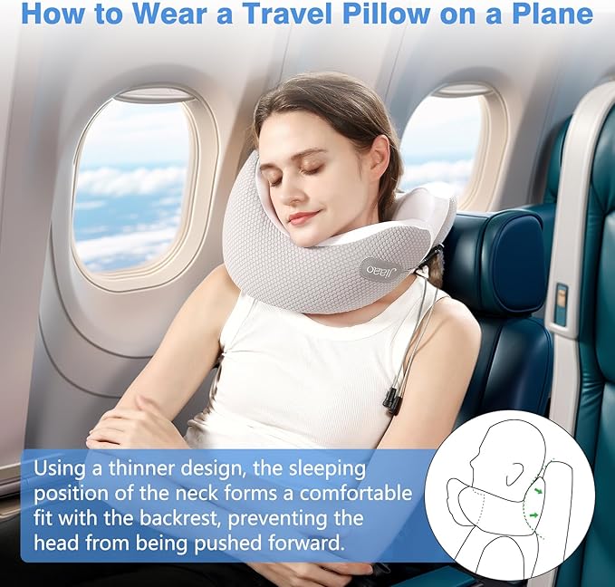 jiaao Neck Pillow Airplane, 2025 Upgraded Memory Foam Travel Pillow for International Flights, Adjustable Clasp, Storage Bag, Advanced Neck Support for Road Trips, Home, Office, and Gaming
