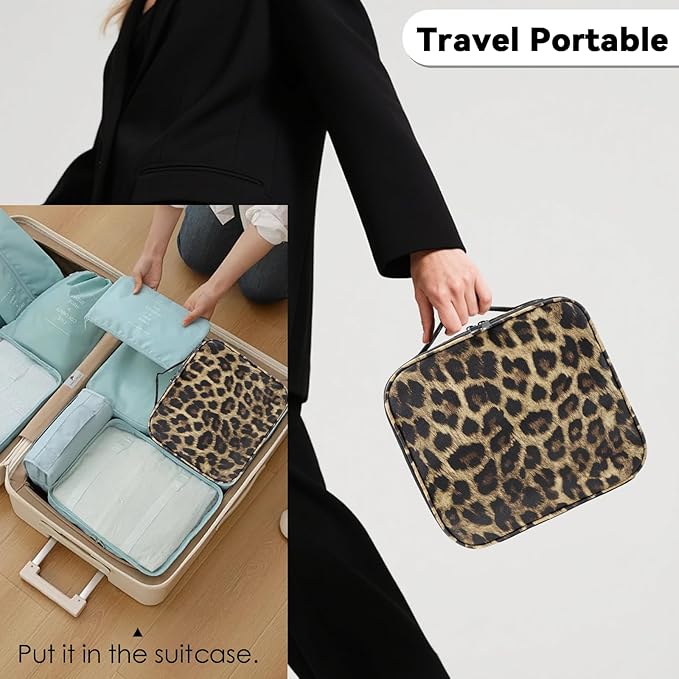 Travel Makeup Bag Makeup Cosmetic Train Case Organizer Portable Storage Bag with Adjustable Dividers for Cosmetics Makeup Brushes Toiletry Jewelry Leopard