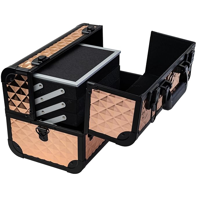 SHANY Premier Fantasy Professional Makeup Train Case Cosmetic Box Portable Makeup Case Organizer Jewelry storage with Locks, 3 Trays,Makeup Brush Holder and Cosmetics Mirror - ROSA