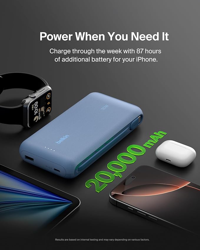 Belkin Portable Charger, Power Bank with Integrated Cable 20000 mAh 30W - Fast Charging USB C Power Delivery - iPhone 17, Air, Pro, Pro Max, iPad, AirPods, Apple Watch, Galaxy S25, & More - Blue