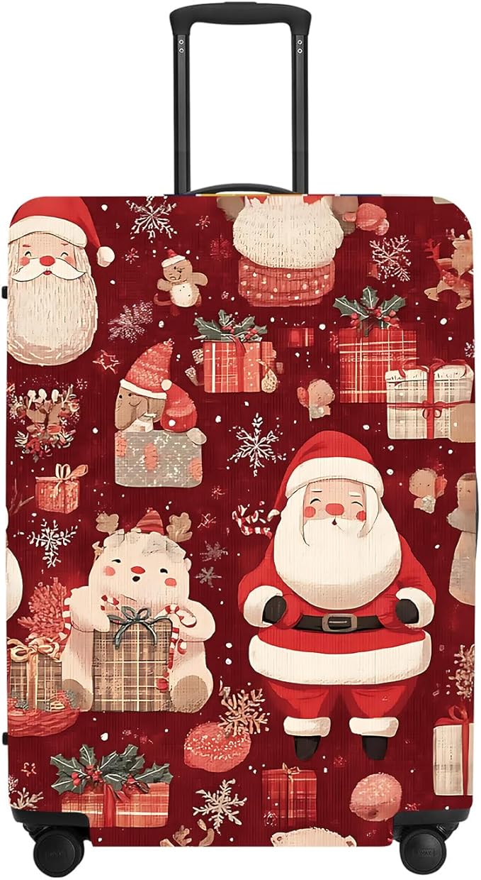 Allover Christmas Luggage Cover - Red Background with Santa, Gifts and Snowmen Pattern, Dense Holiday Design for 28 30 Inch Travel Bag