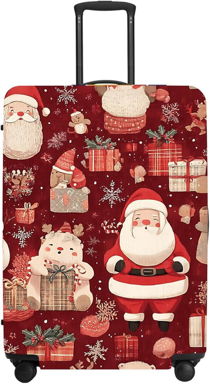 Allover Christmas Luggage Cover - Red Background with Santa, Gifts and Snowmen Pattern, Dense Holiday Design for 32 34 Inch Travel Bag