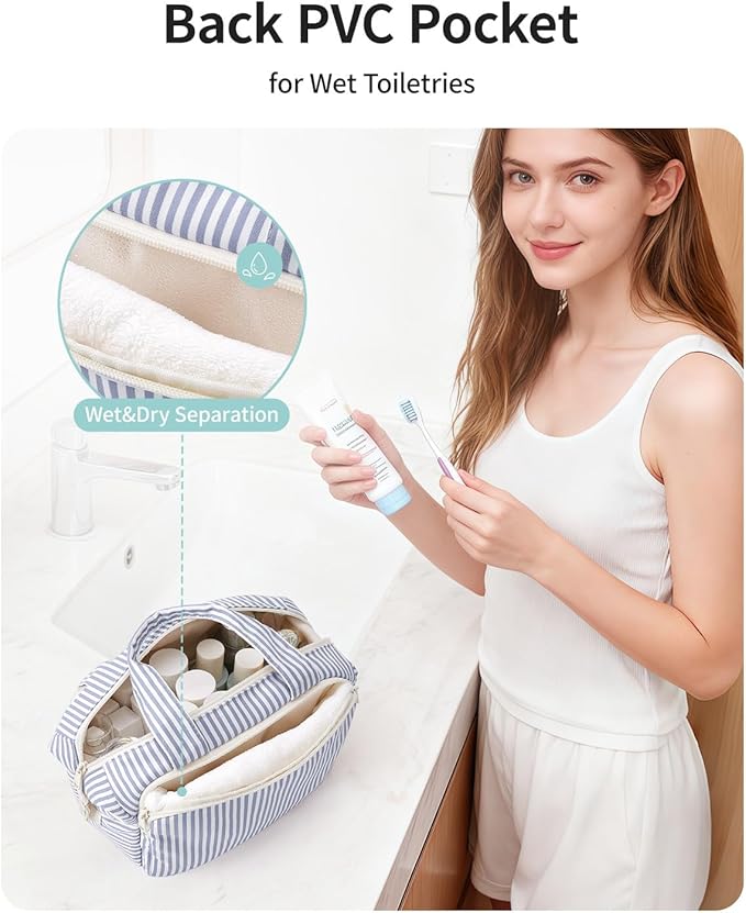 Narwey Travel Toiletry Bag, Wide-open Large Toiletry Bags for Traveling Women, Checkered Travel Bag for Toiletries Cosmetic Makeup Bag Organizer, Skincare Make Up Bag (Greyish Blue Stripe)