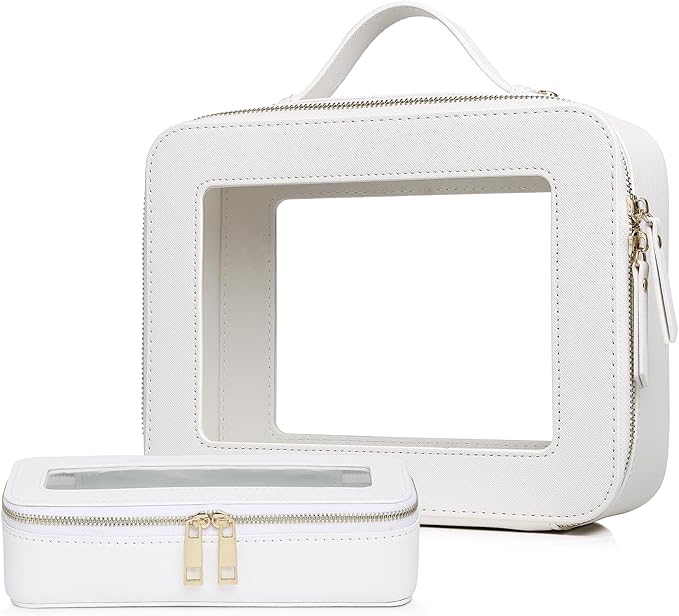 Pinkmik Clear Makeup Bag with Brush Bag 2pcs Waterproof Travel Case for Cosmetics and Toiletries Women's Cosmetic Organizer with Zipper (White, L+SLIM)