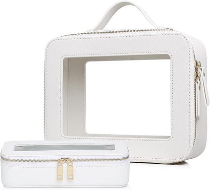 Pinkmik Clear Makeup Bag with Brush Bag 2pcs Waterproof Travel Case for Cosmetics and Toiletries Women's Cosmetic Organizer with Zipper (White, L+SLIM)