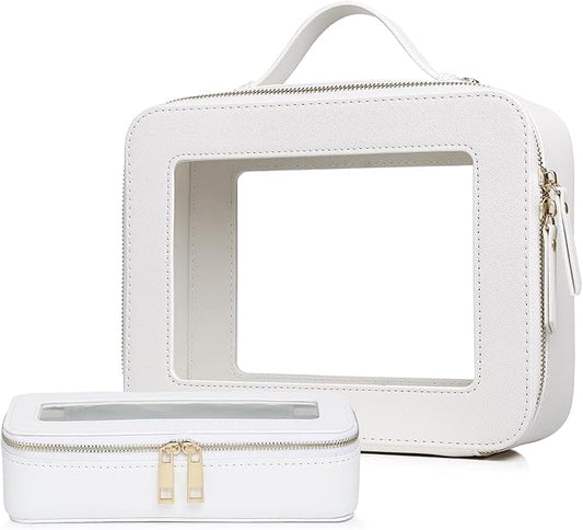 Pinkmik Clear Makeup Bag with Brush Bag 2pcs Waterproof Travel Case for Cosmetics and Toiletries Women's Cosmetic Organizer with Zipper (White, L+SLIM)