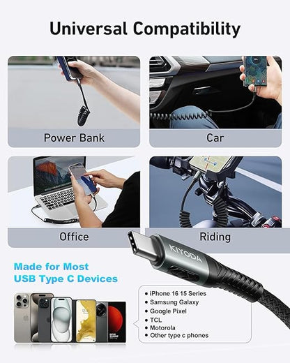KIYODA USB A to USB C Cable 3FT/6FT, Coiled USB C Cable for Car, 66W USBC Cable Fast Charging 3A USB C iPhone Cable Compatible with iPhone 17/16/15/Samsung Galaxy S20 S10 Plus and More USB C Devices