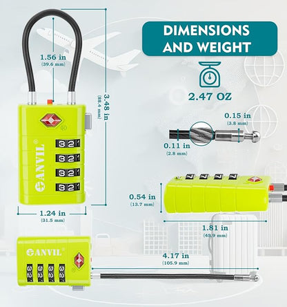 ANVIL 4 Digit Luggage Locks, TSA Locks for Luggage, Advanced TSA008 core, Alert Indicator for Your Travel Lock, Suitcase Lock.(3, 3 Colors)