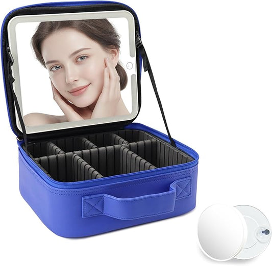 Travel Makeup Bag for Makeup Artists Large Makeup Case,with Mirror 3 Color Setting and Detachable 10x Magnifying Mirror Travel Makeup Bag,Portable Storage and Adjustable Dividers-dark blue