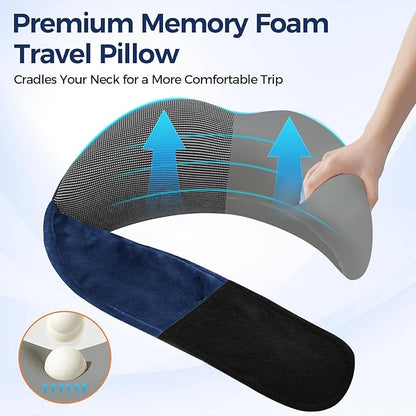 Memory Foam Neck Pillow for Airplane Travel - Ergonomic Support for Long Flights, Car Rides, Office & Home Use - Includes Contoured Eye Mask & Head Support - Adjustable Sizes M-L（Navy）