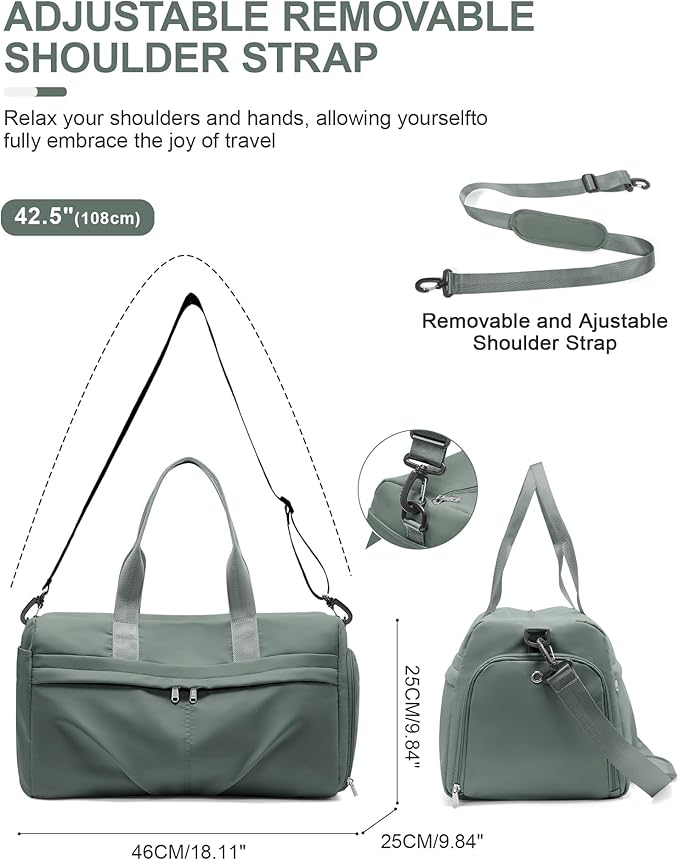 Gym Bag for Women Men with Shoe Compartment, Sport Duffel Bag, Waterproof Travel Weekender Overnight Carry on Bag for Yoga with Trolley Sleeve, Green
