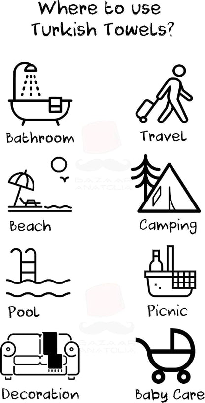 Bazaar Anatolia Turkish Beach Towel – 100% Cotton, Quick Dry, Sand Free Striped Towel for Bathroom, Travel, Camping – Oversized 71x39 Inches – Arpa Light Blue