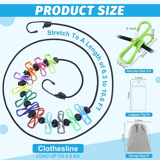 Travel Clothesline for Cruise Retractable Clothesline with 12 Clothesline Clips 2 Strong Magnets Hooks 4 Luggage Tags Camping Portable Clothesline for Hotel Room RV Indoor Cruise Ship Essentials 2025