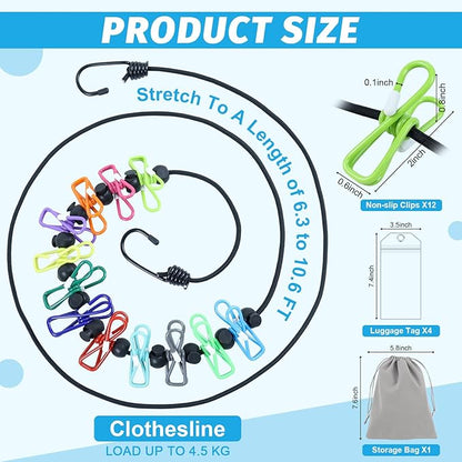 Travel Clothesline for Cruise Retractable Clothesline with 12 Clothesline Clips 2 Strong Magnets Hooks 4 Luggage Tags Camping Portable Clothesline for Hotel Room RV Indoor Cruise Ship Essentials 2025