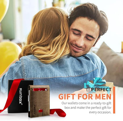 RUNBOX Slim Wallets for Men - Leather Money Clip Mens Wallet - RFID Blocking Front Pocket Bifold Wallet - Minimalist Credit Card Holder with Gift Box