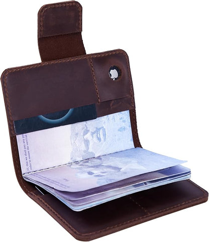 Brown Leather Passport Holder for Travel Men - Passport Wallets Compatible with Airtag Passports Wallet with Card Slots & Note Compartment, Magnetic Closure, Genuine Leather Crazy Horse, Vintage Brown