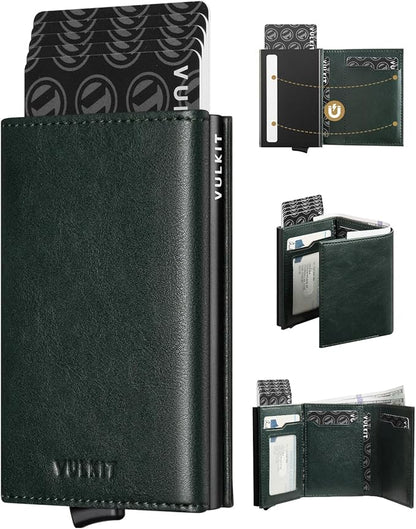 VULKIT Pop up Card Wallet Minimalist Cash Wallets RFID Blocking Leather Smart Credit Card Holder with ID window for Men(Green)