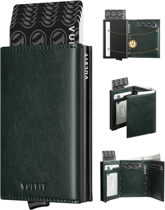 VULKIT Pop up Card Wallet Minimalist Cash Wallets RFID Blocking Leather Smart Credit Card Holder with ID window for Men(Green)