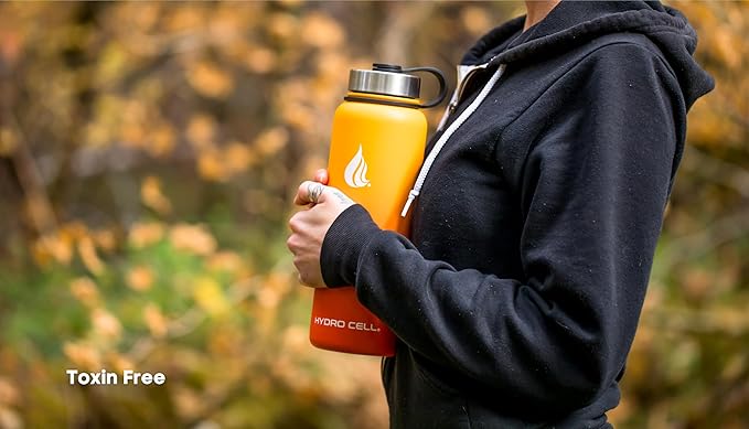 HYDRO CELL Stainless Steel Insulated Water Bottle with Straw - For Cold & Hot Drinks - Metal Vacuum Flask with Screw Cap and Modern Leakproof Sport Thermos for Adults (Red/Orange 40oz)