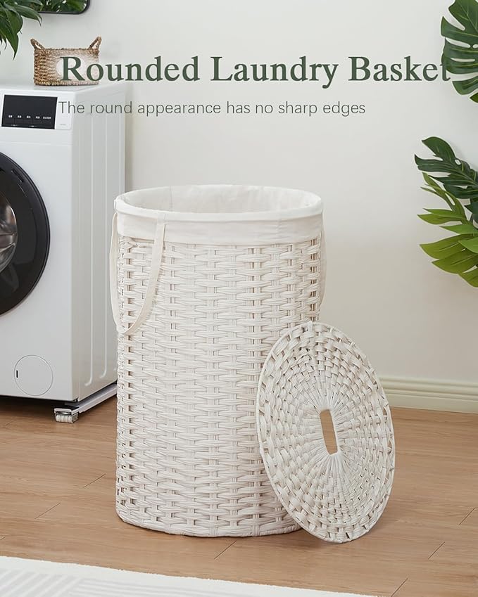 34.3 Gal (130 L) Large Laundry Hamper Laundry Basket Round Handwoven Wicker Laundry Baskets Rattan Laundry Basket with Removable Bag Handles 2 Mesh Bags for Living Room Bedroom White