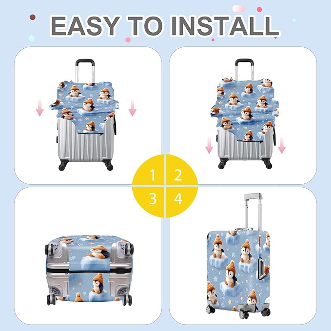 ANNA QUEEN Winter Penguin Luggage Cover, Cute Penguin on Ice Pattern Suitcase Protector, Washable Stretchable Travel Sleeve for 28-30 Inch Luggage