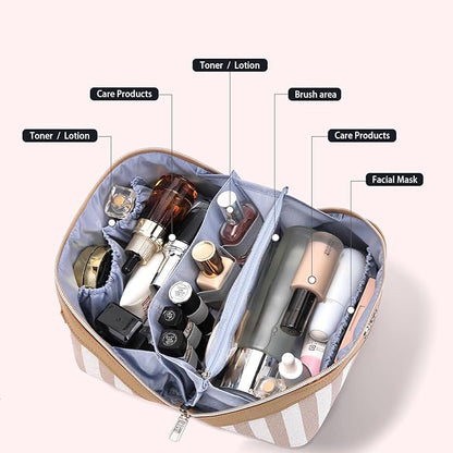 BOYATU Travel Makeup Bag for Women: Large Cosmetic Bag Set of 3 - PU Leather Make up Bag with Compartments - Compact Waterproof Toiletry Bag with Divider & Handle (B-6-Khaki)