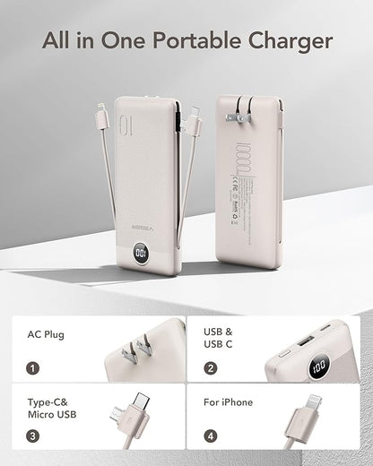 VEGER Portable Charger with Built-in AC Plug and Cables, All in One 10000mAh Ultra Slim Power Bank Travel Essentials, 15W Fast Charging Battery Pack Compatible with iPhone, Samsung, Android (Coffee)
