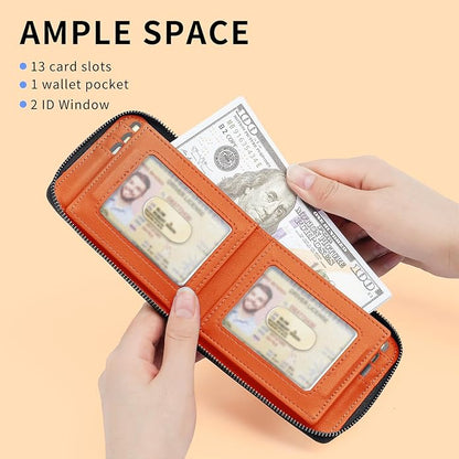 Men’s RFID Blocking Zipper Large Dimensions Wallet with 2 ID Windows - Large Capacity Design, 13 Credit Card Slots