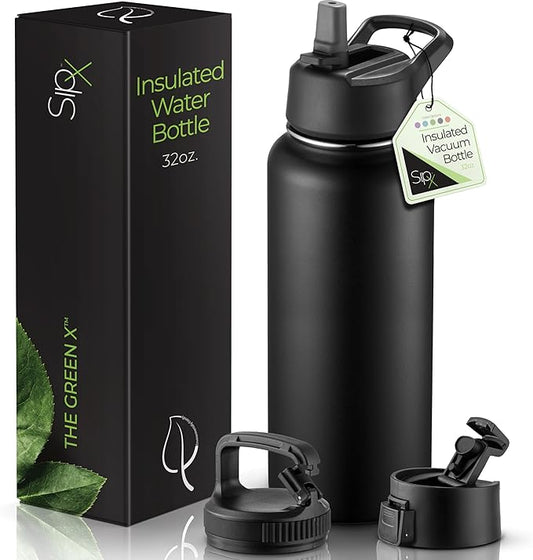SipX™ Triple-Insulated Stainless Steel Water Bottle 32oz. With 3 Lids, BPA-Free Reusable Insulated Water Bottle Keeps Cold 24 Hours, Metal Water Bottle Made Of Sustainable Material For Hiking & Biking