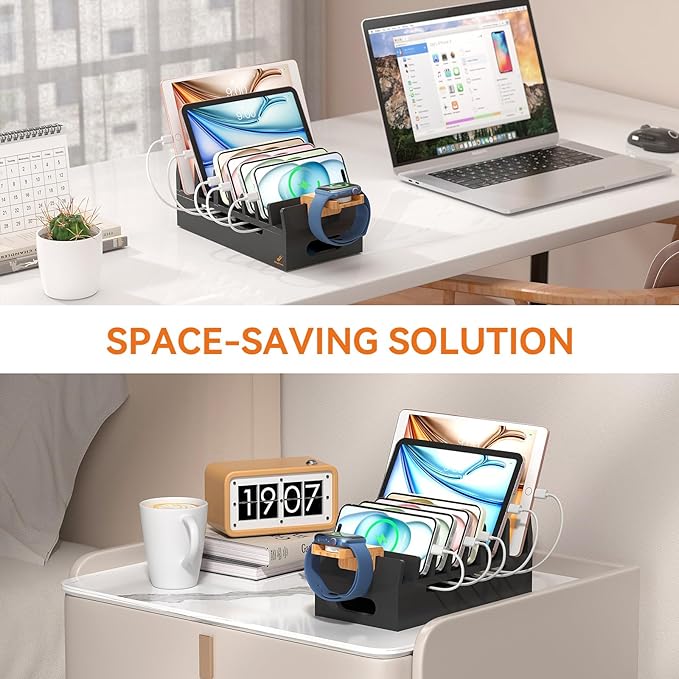 Pezin & Hulin Bamboo Charging Station with Watch Stand, Docking Holder for Multi Device with 5 Port USB Charger HUB, 5 Charge Cables, Desktop Electronic Organizer for Cellphone, Tablet, Watch-Black