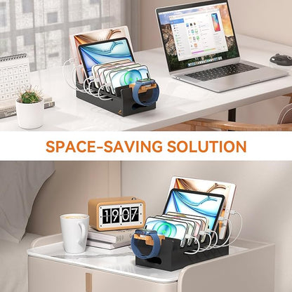 Pezin & Hulin Bamboo Charging Station with Watch Stand, Docking Holder for Multi Device with 5 Port USB Charger HUB, 5 Charge Cables, Desktop Electronic Organizer for Cellphone, Tablet, Watch-Black